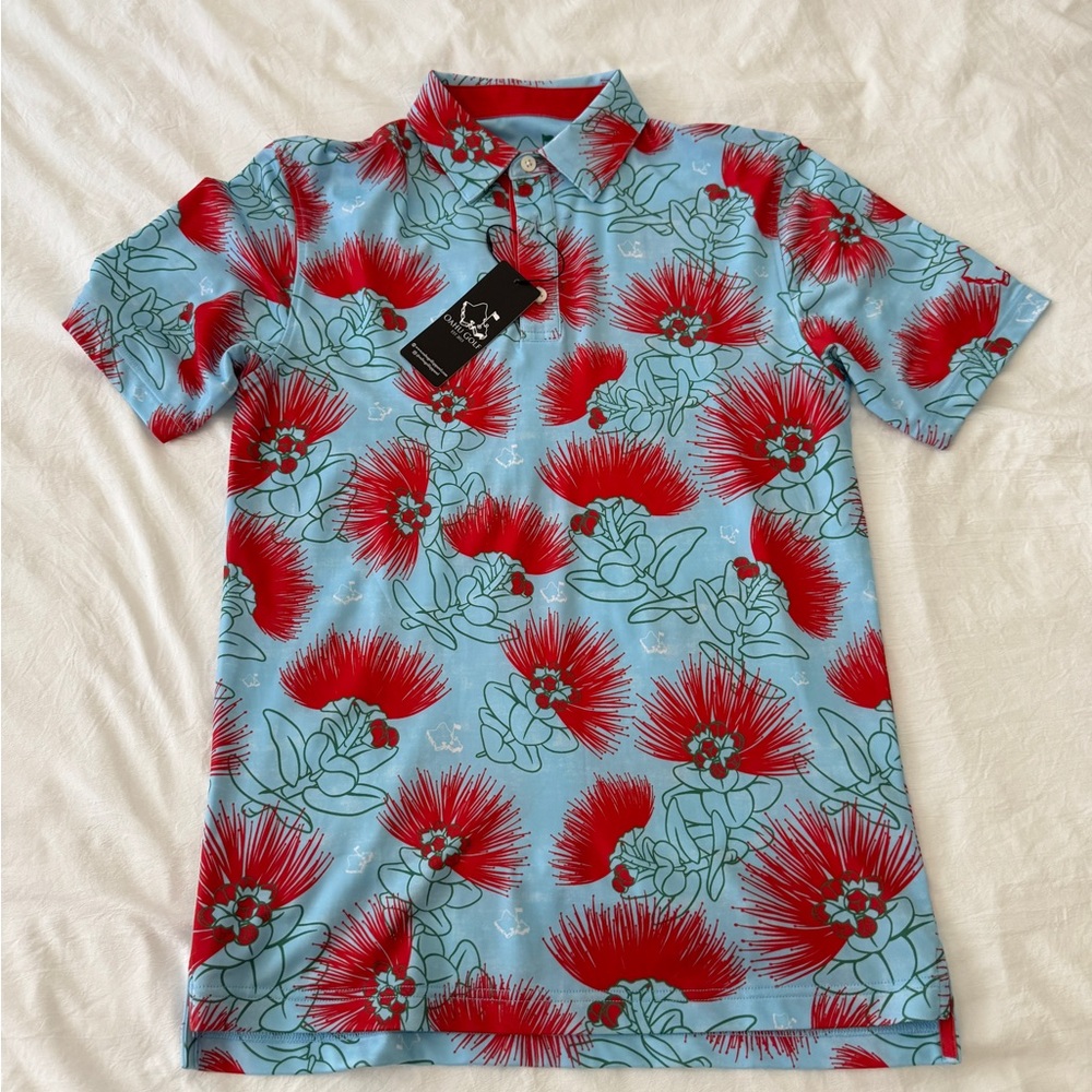 Oahu Gold Apparel (OGA) Floral Blue and Red Men's Polo Shirt